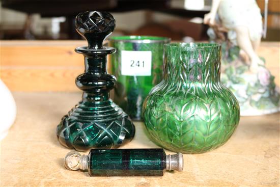 Bohemian dark green glass scent bottle, Victorian double ended green glass sent bottle (cracked) & 2 other green glass items
